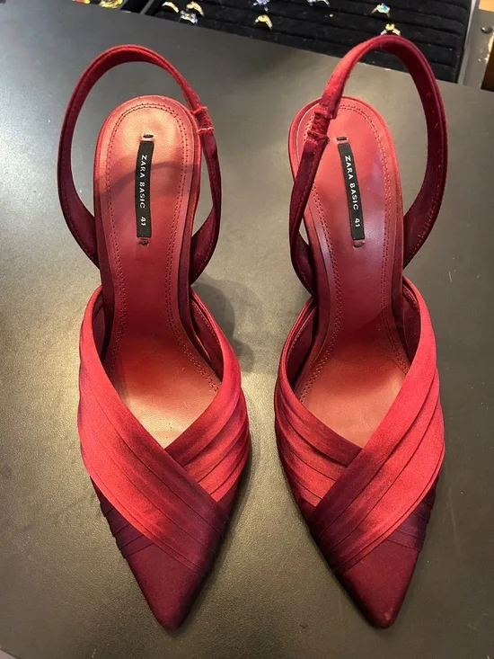 Zara Wine Red Satin Pointed Slingback Heels - Picture 5 of 6